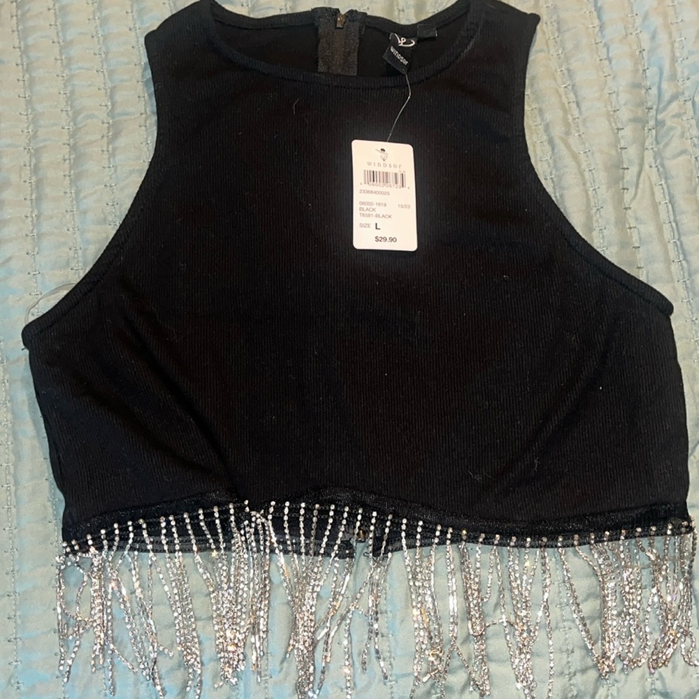 Black cropped fringe sparkle top